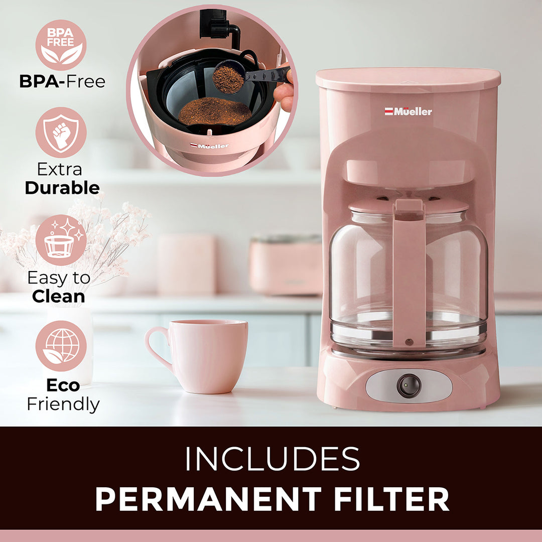 Pink coffee maker with features listed on a white background, including permanent filter
