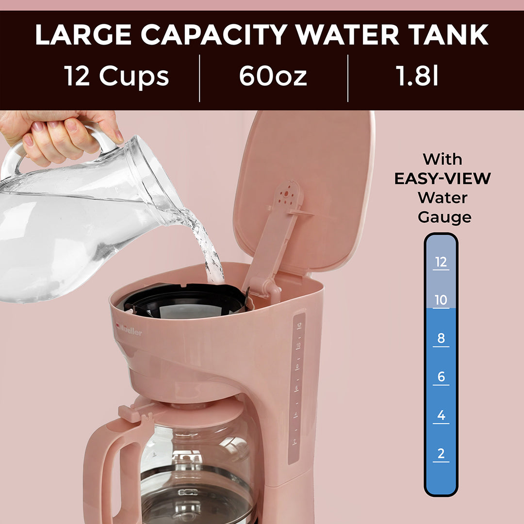 Mueller 12 CUP Drip Coffee Maker pink with water being poured into it, featuring a large capacity water tank and easy-view water gauge.
