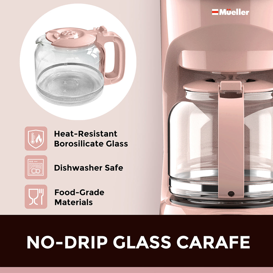 Pink glass carafe with features highlighted on a light pink background
