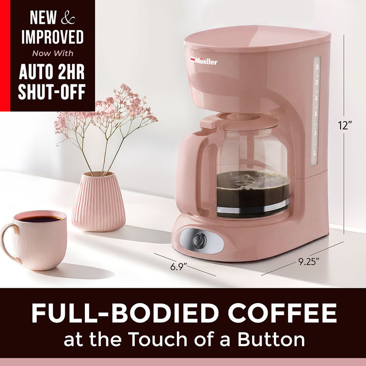 Mueller 12 CUP Drip Coffee Maker pink with a cup of coffee on a white surface, featuring dimensions and text about auto shut-off feature.