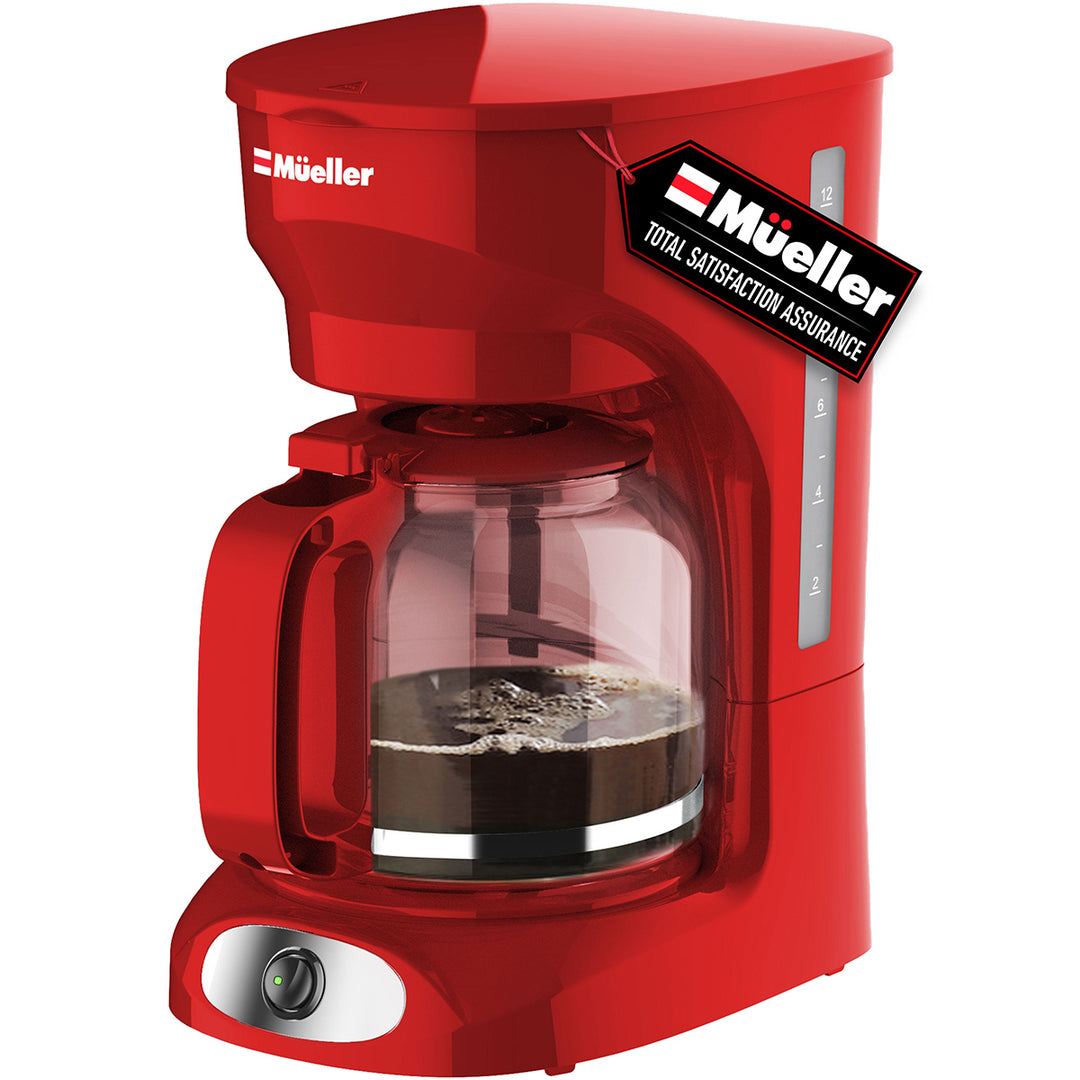 Mueller 12 CUP Drip Coffee Maker red with glass carafe on a white background