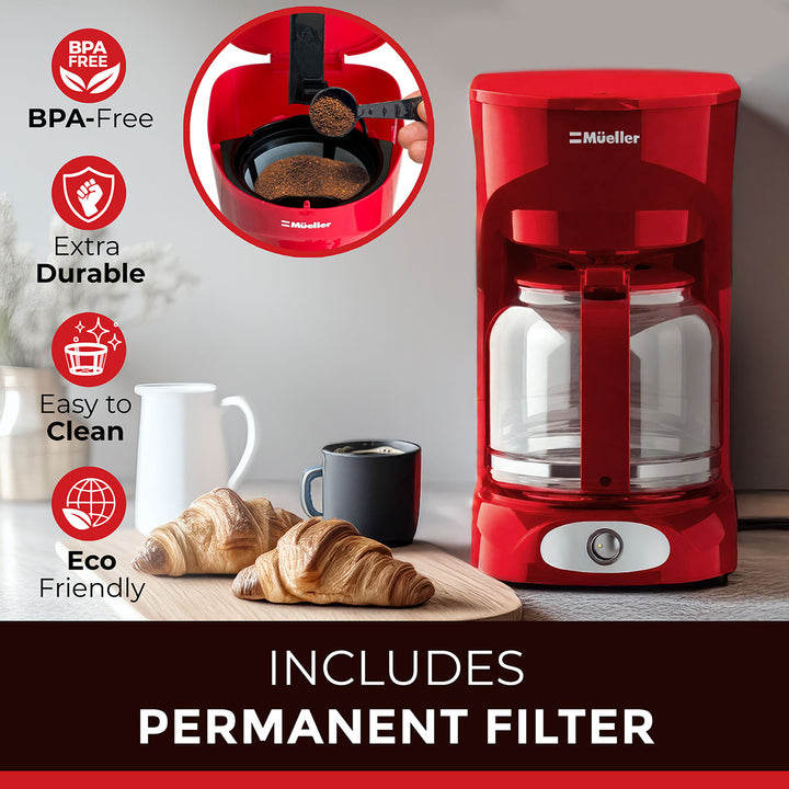 Mueller 12 CUP Drip Coffee Maker red with features highlighted on a kitchen counter.