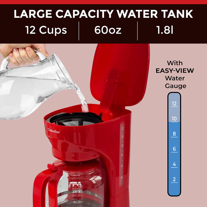 Mueller 12 CUP Drip Coffee Maker red with a large capacity water tank being filled, showing measurements and an easy-view water gauge.