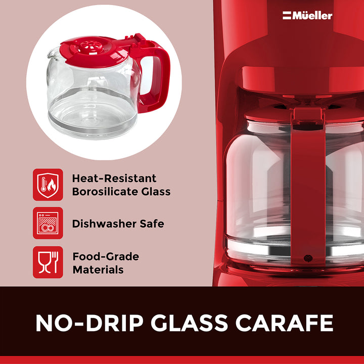 Red no-drip glass carafe with features highlighted on a beige background
