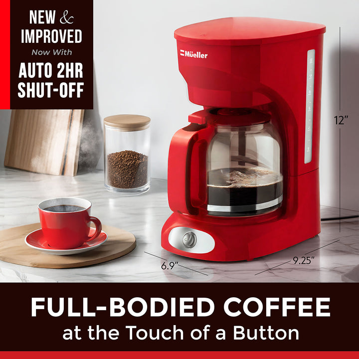 Mueller 12 CUP Drip Coffee Maker red with a cup of coffee on a white surface, featuring text about auto shut-off feature.