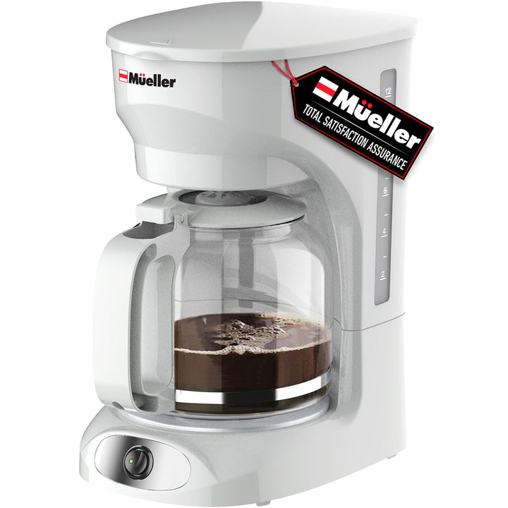 Mueller 12 CUP Drip Coffee Maker white with glass carafe on a white background, featuring the Mueller brand.