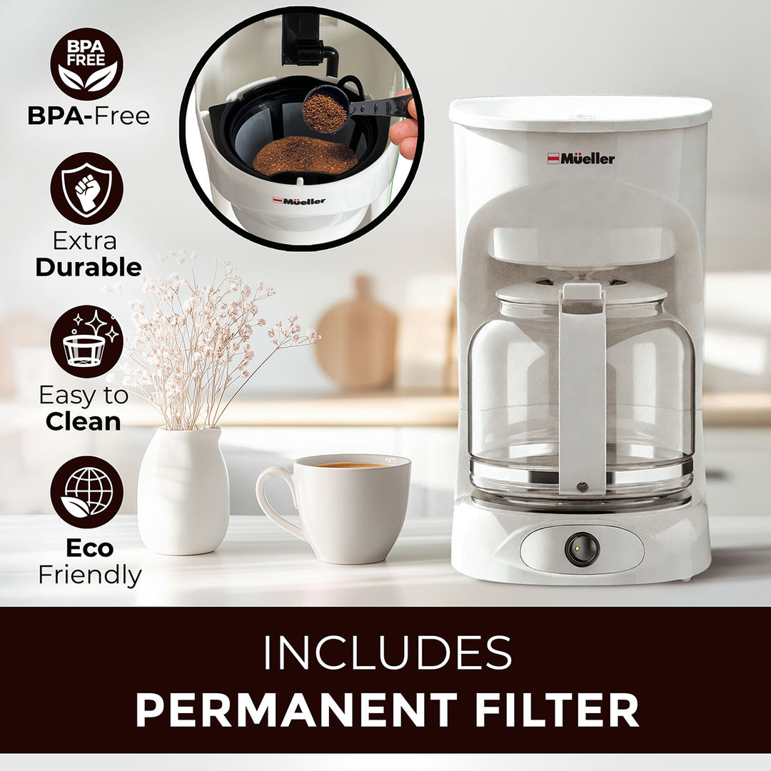 Mueller 12 CUP Drip Coffee Maker white with features listed on a white background including a permanent filter