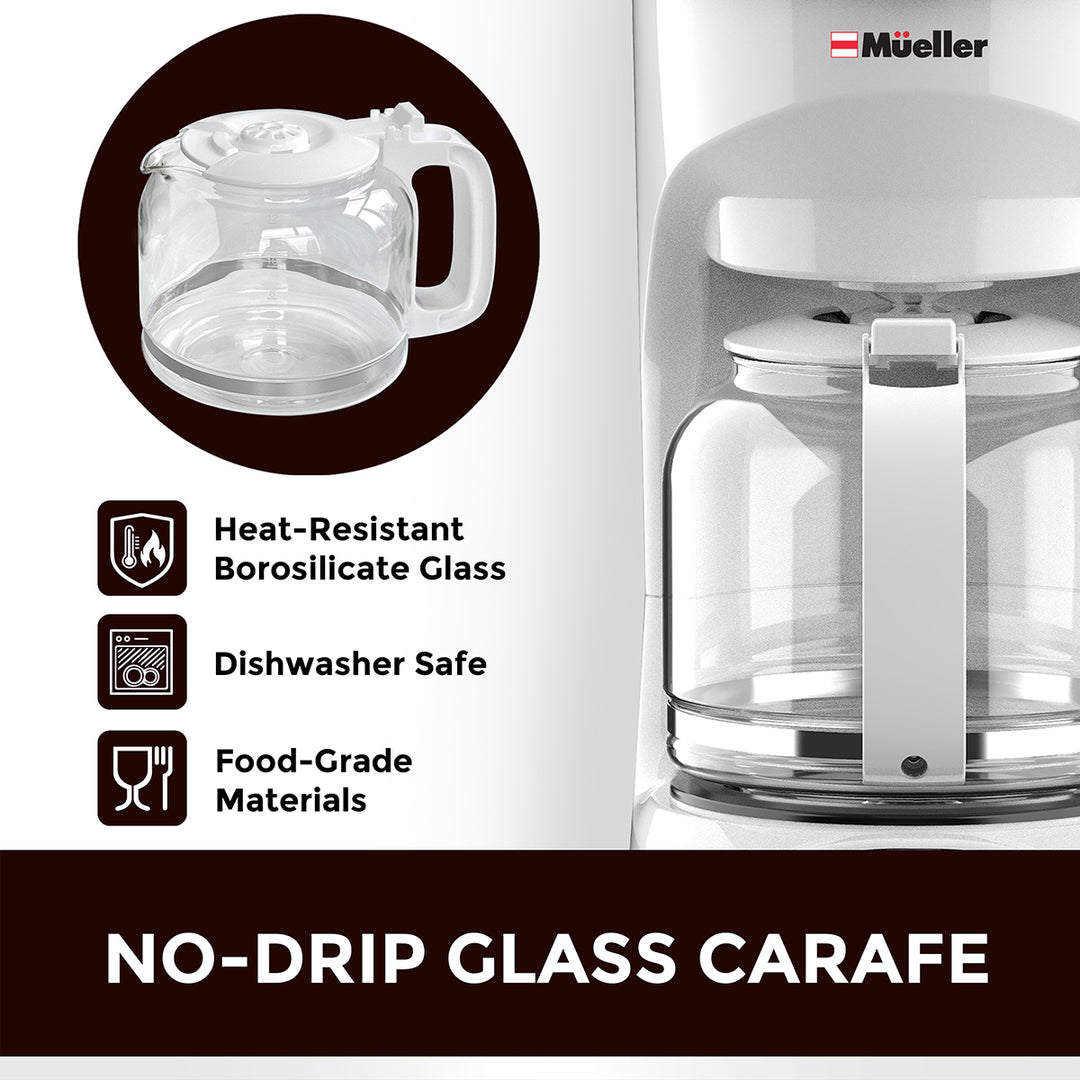 No-drip glass carafe with features highlighted on a white background