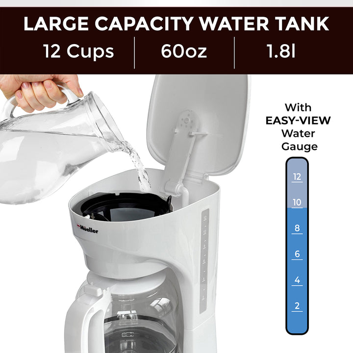 Mueller 12 CUP Drip Coffee Maker white with water tank being filled, showing capacity details and easy-view water gauge. 12 cups, 60oz, 1.8l