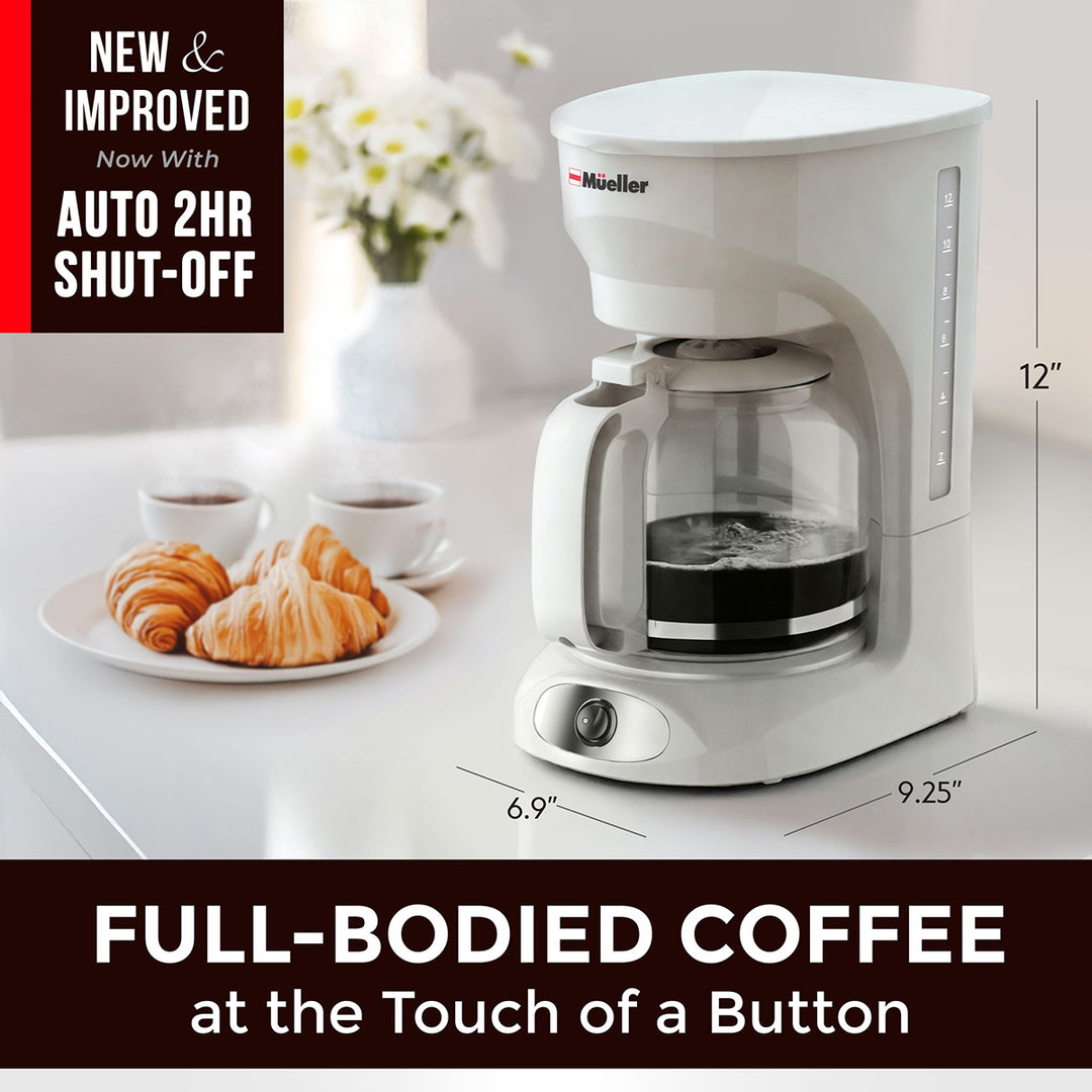 Mueller 12 CUP Drip Coffee Maker white with dimensions displayed on a kitchen counter with croissants and coffee cups.