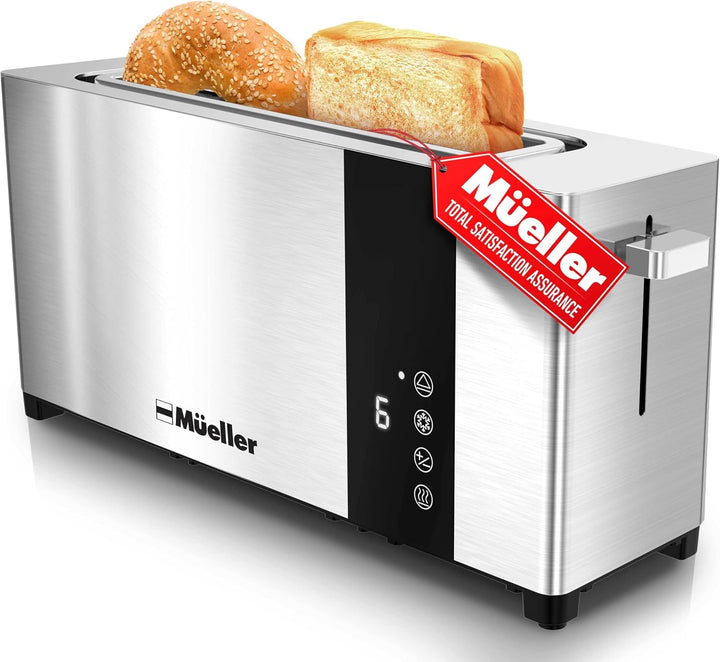 Mueller 2 slice Stainless steel toaster with bread slices and Mueller brand label on a white background