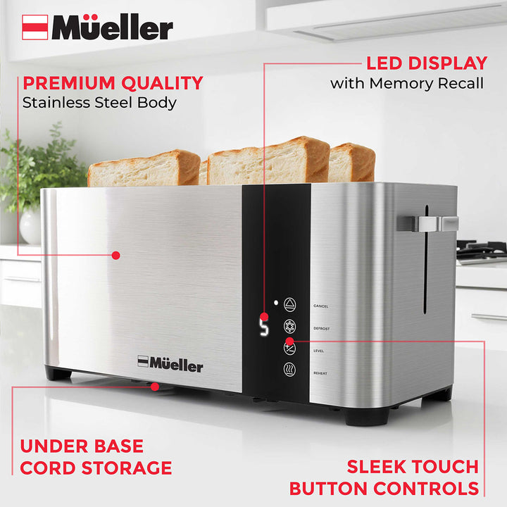 Mueller 2 slice Stainless steel toaster with features highlighted on a white background