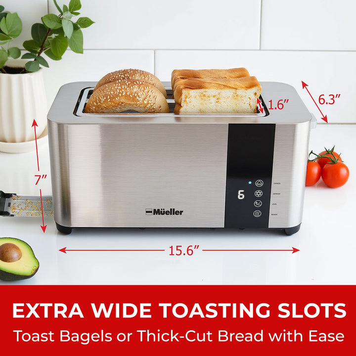 Toaster with bread and measurements, brand 'Mueller' visible