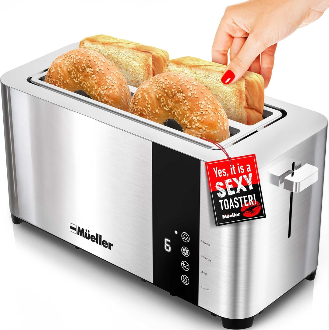A stainless steel toaster with a hand placing a bagel inside. The toaster has a digital display and several control knobs, and a sticker on the front says 'Yes, it is a sexy toaster!'.