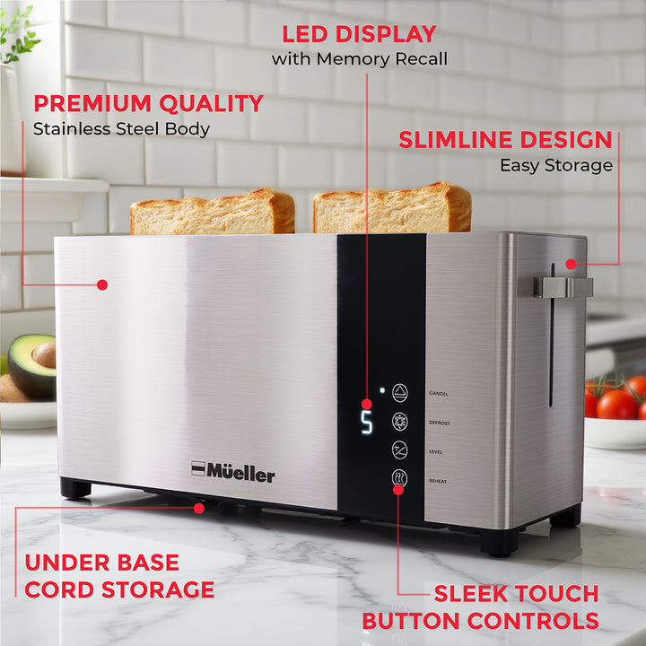 Mueller 4 slice Stainless steel toaster with features highlighted on a kitchen background
