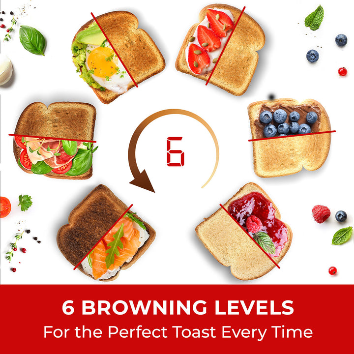 Assorted toasted bread with different toppings on a white background, showcasing 6 browning levels.