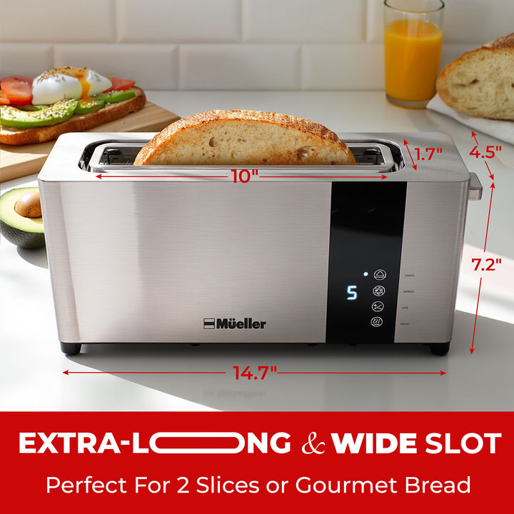 Mueller 4 slice Stainless steel toaster with dimensions labeled on a kitchen counter, featuring toast, avocado, and orange juice.