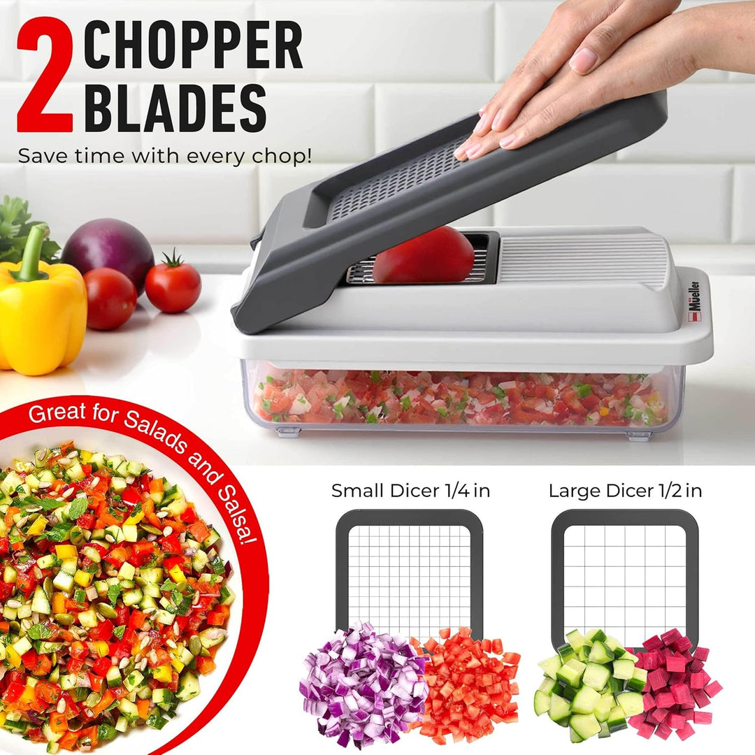 Vegetable chopper with dicing blades and chopped vegetables on a kitchen counter. Showing the 2 chopper blades available