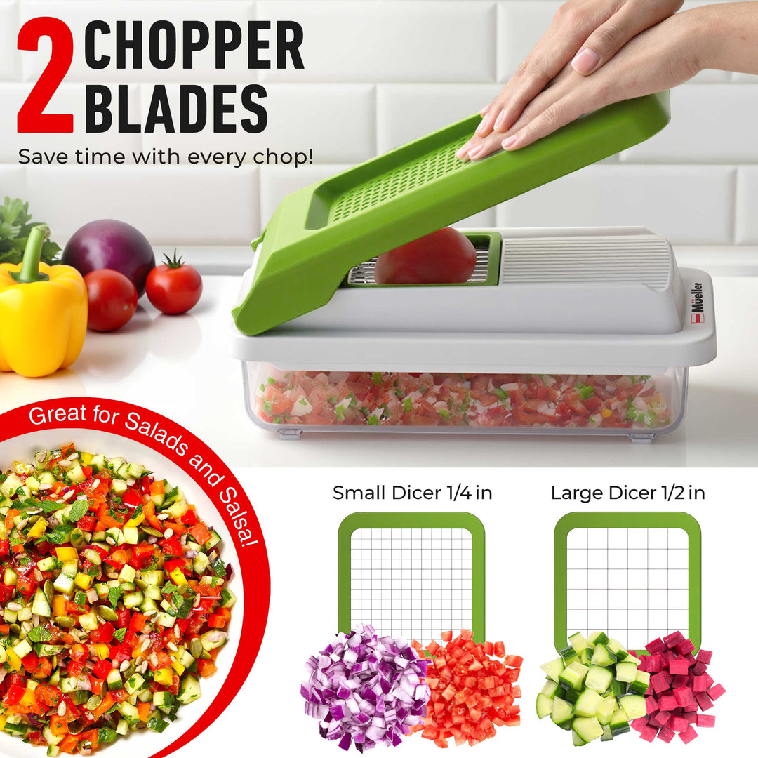 Vegetable chopper with dicing blades and chopped vegetables on a kitchen counter. Showing the 2 chopper blades available