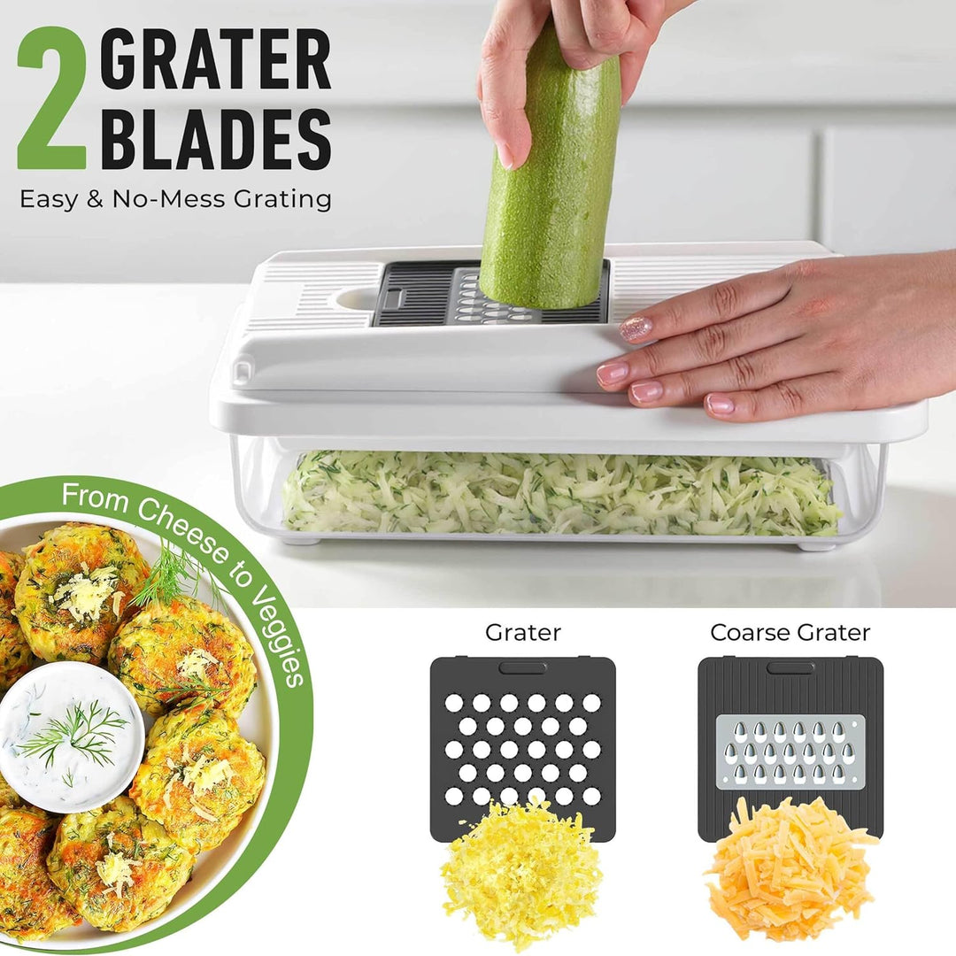 Vegetable grater with two blades being used to grate a zucchini, with shredded vegetables displayed and the 2 grater blades available