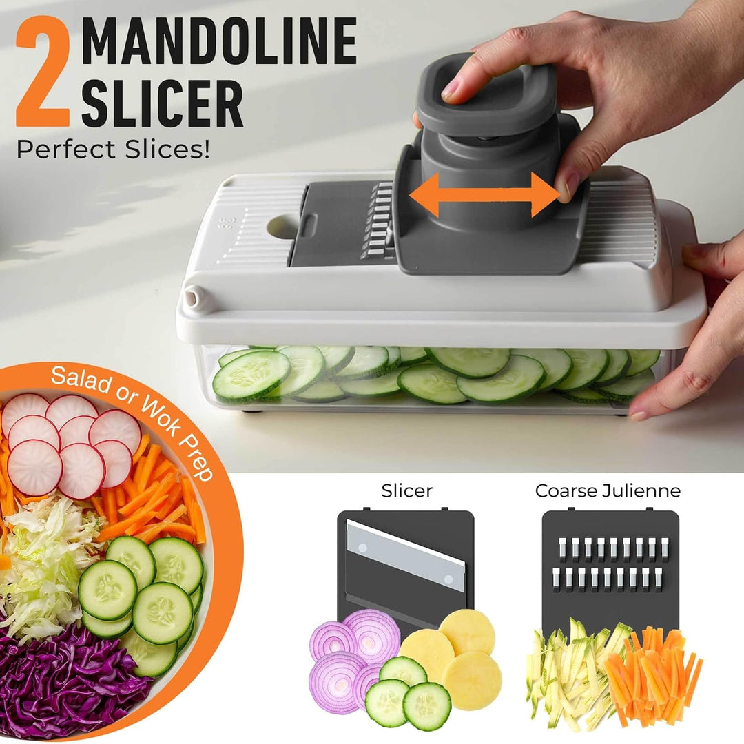 Mandoline slicer with sliced vegetables and product features on a white background showing the 2 mandoline slicers available