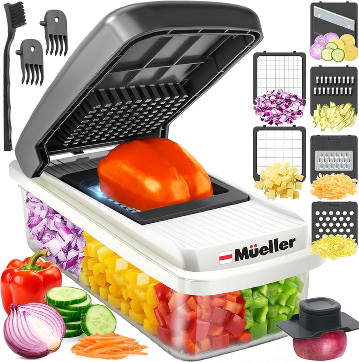 Mueller vegetable chopper with 6 chopping blades in gray, various chopped vegetables displayed on a white background, with food safety holder, two cleaning combs and brush. 