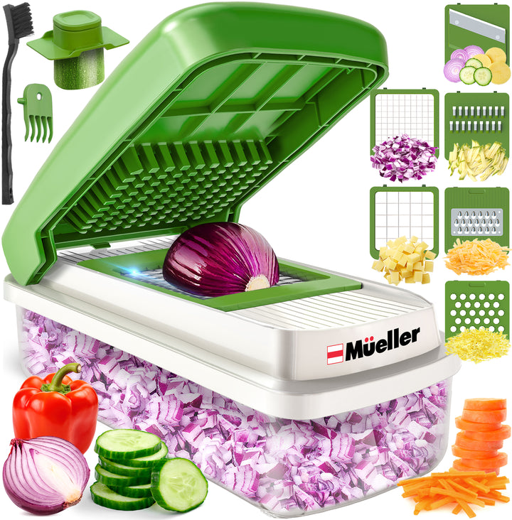 Mueller vegetable chopper with 6 chopping blades in green, various chopped vegetables displayed on a white background, with food safety holder, two cleaning combs and brush. 
