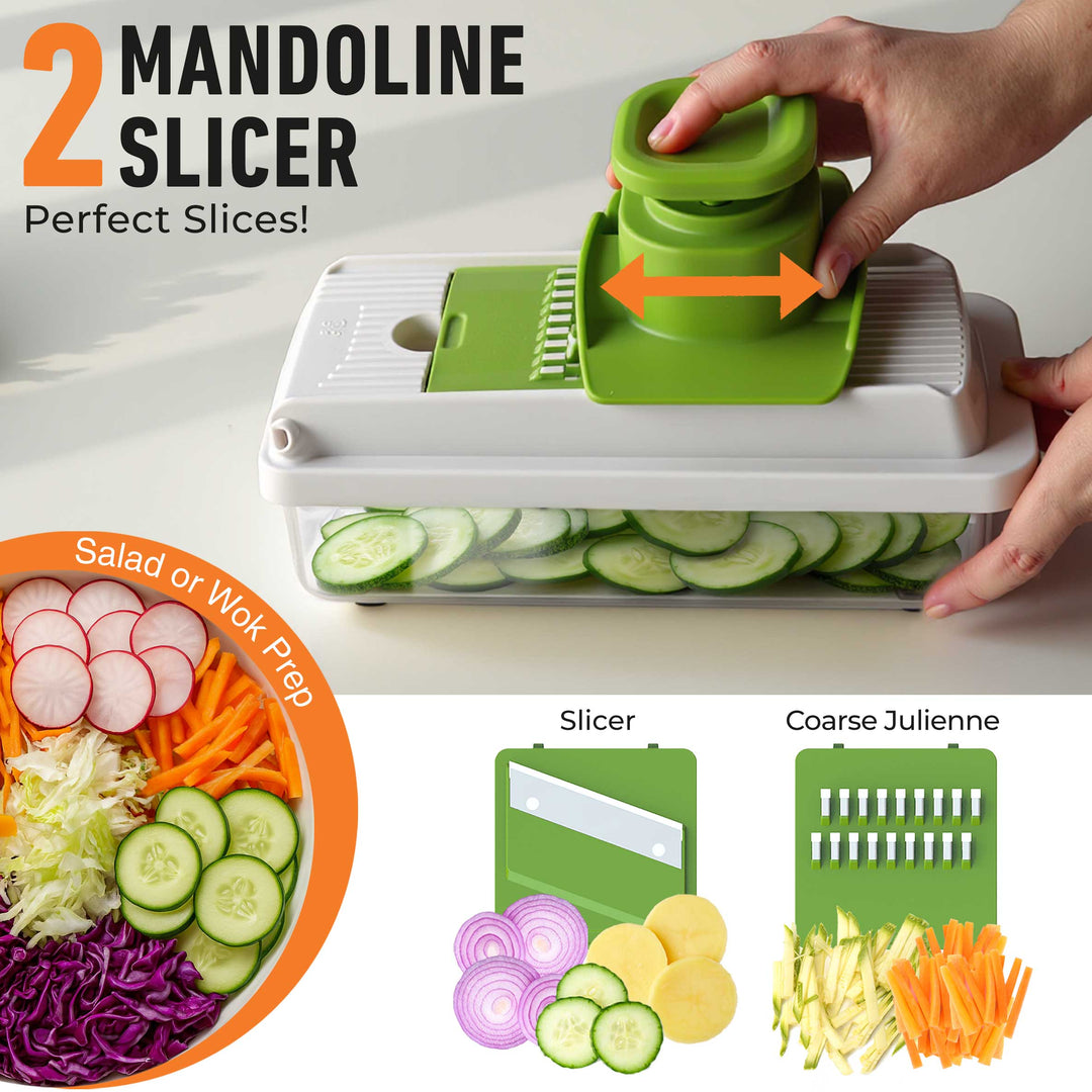 Mandoline slicer with sliced vegetables and product features on a white background showing the 2 mandoline slicers available