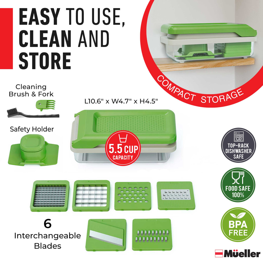 Product packaging with cleaning brush, fork, safety holder, and interchangeable blades on a white background.