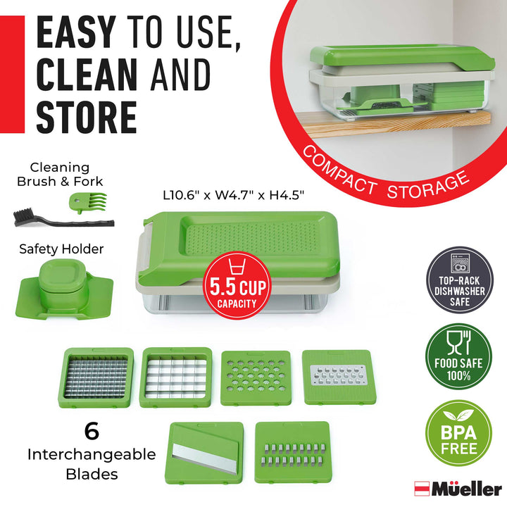 Product packaging with cleaning brush, fork, safety holder, and interchangeable blades on a white background.