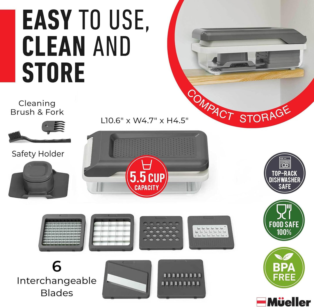 Product packaging with cleaning brush, fork, safety holder, and interchangeable blades on a white background.