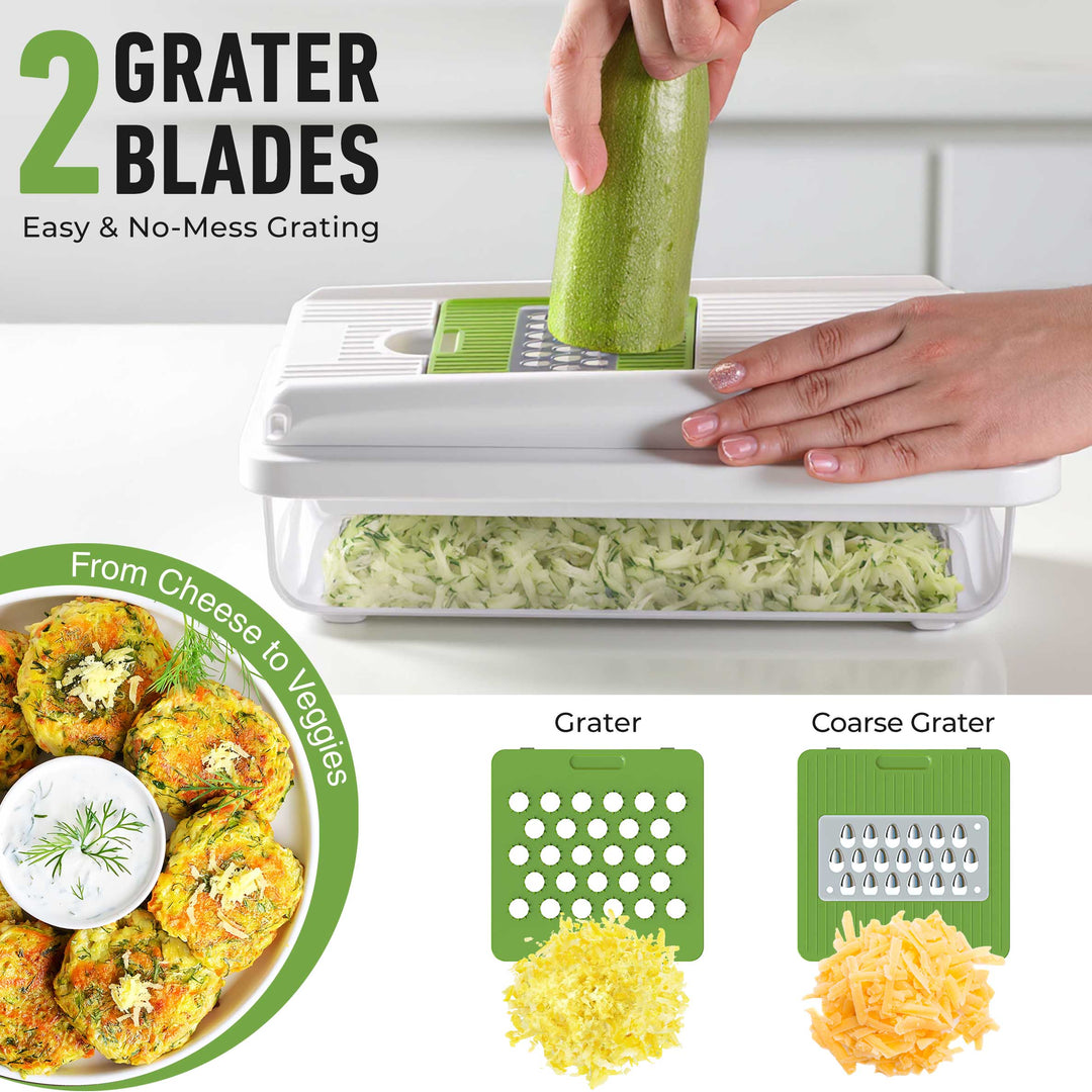 Vegetable grater with two blades being used to grate a zucchini, with shredded vegetables displayed and the 2 grater blades available