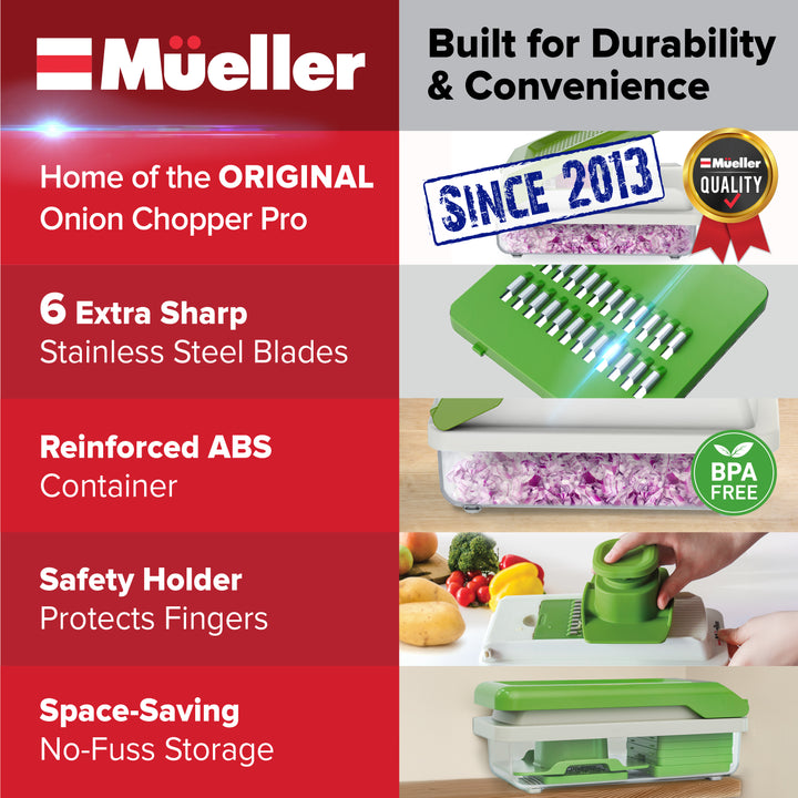 Méuller veggie chopper product with features listed on a red background, 6 extra sharp stainless steel blades, reinforced ABS container, safety holder, space-saving