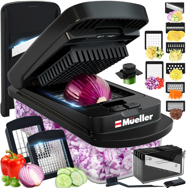 Mueller_8_Blade_Vegetable_Chopper_all black with onion slices and additional attachments on a white background