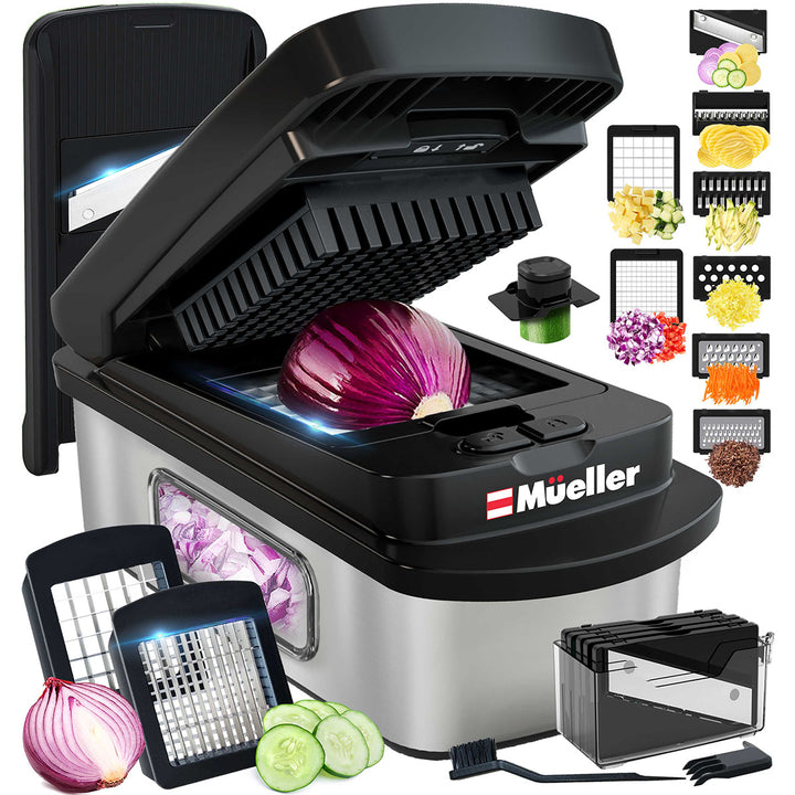 Mueller_8_Blade_Vegetable_Chopper_black stainless steel with attachments and sliced vegetables displayed.