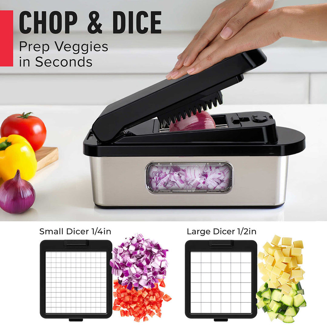 Mueller_8_Blade_Vegetable_Chopper_black stainless steel with dicing attachments and chopped vegetables on a white background