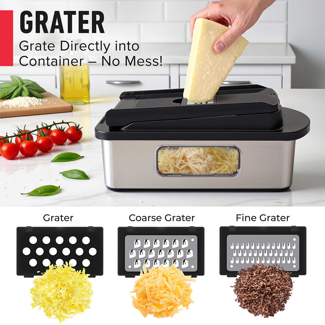 Multifunctional cheese grater with different grating settings on a kitchen counter.