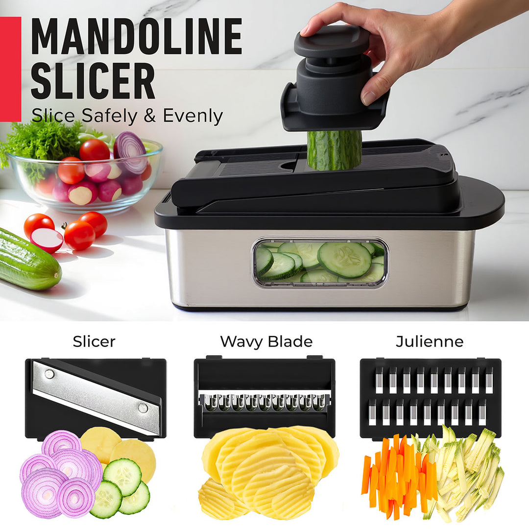 Mandoline slicer with sliced vegetables and attachments on a white background