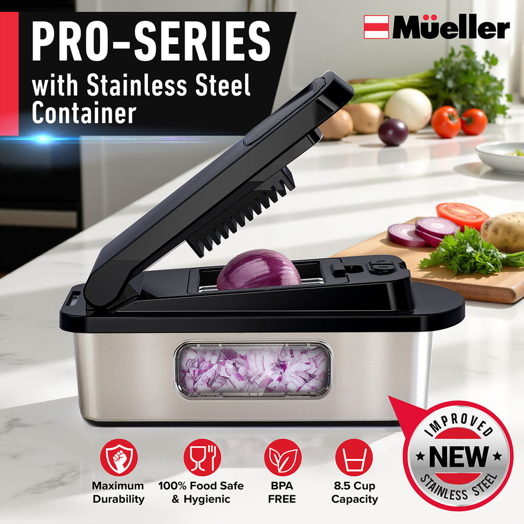 Mueller_8_Blade_Vegetable_Chopper_black stainless steel with stainless steel container on a kitchen counter, featuring Mueller brand.