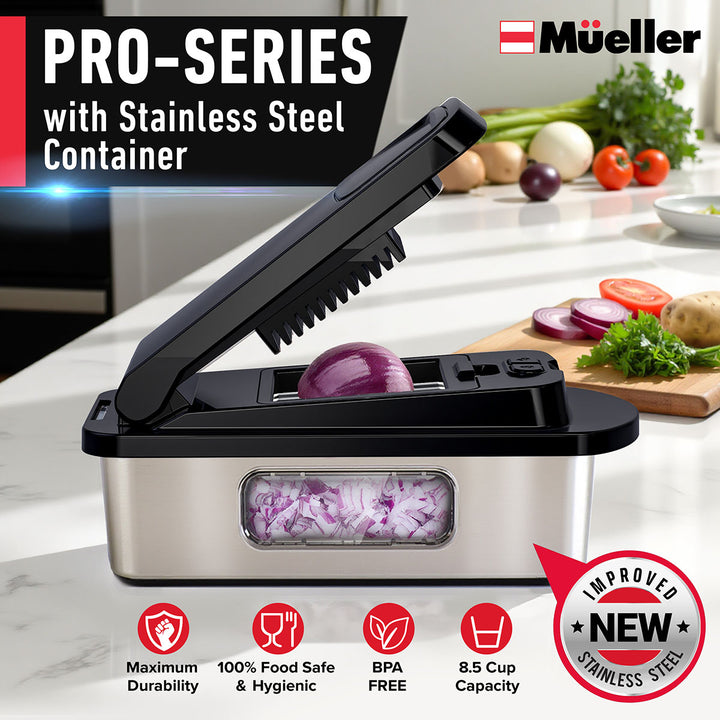 Mueller_8_Blade_Vegetable_Chopper_black stainless steel with stainless steel container on a kitchen counter, featuring Mueller brand.
