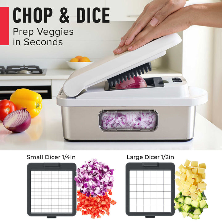 Mueller_8_Blade_Vegetable_Chopper_gray stainless steel with chopped vegetables on a kitchen counter