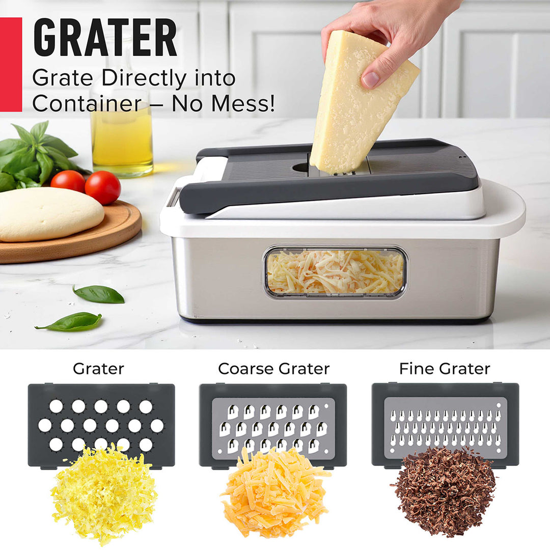 Mueller_8_Blade_Vegetable_Chopper_gray stainless steel grater with different grating settings on a kitchen counter