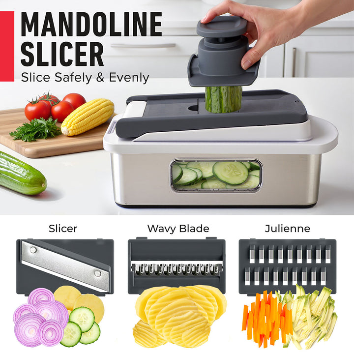 Mueller_8_Blade_Vegetable_Chopper_gray stainless steel Mandoline slicer with vegetables being sliced, showing different blade options.