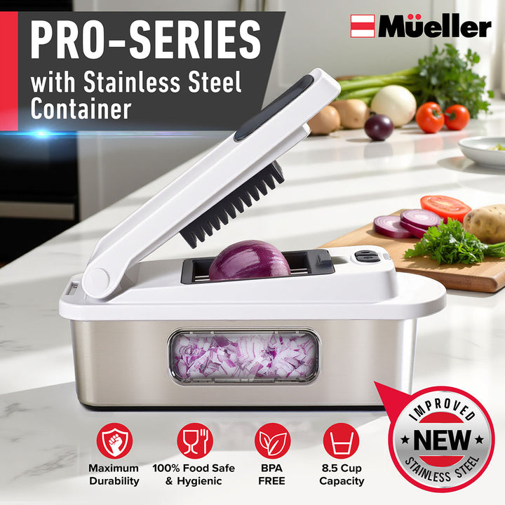 Mueller_8_Blade_Vegetable_Chopper_gray stainless steel with sliced onions on a kitchen counter, featuring Mueller brand.