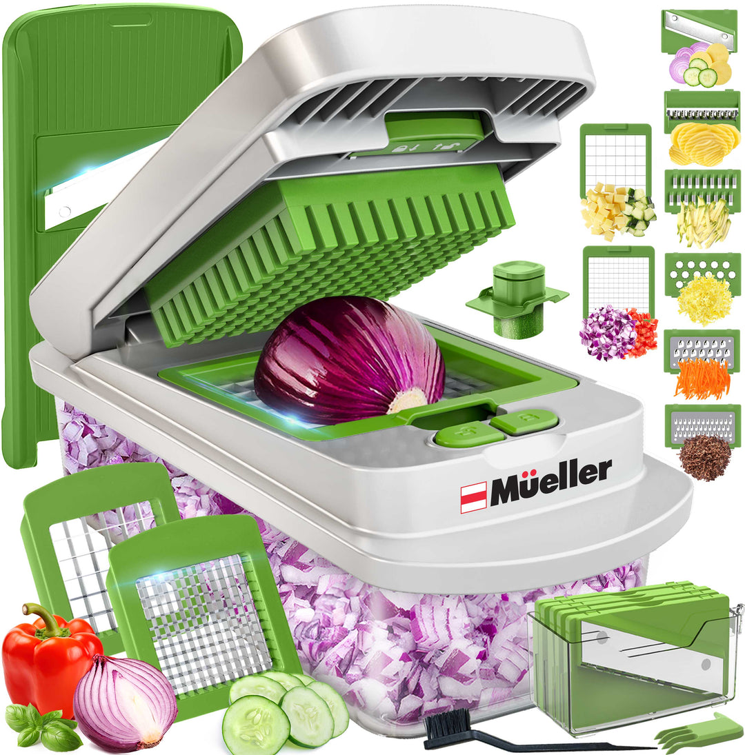 Mueller_8_Blade_Vegetable_Chopper_green with various attachments and sliced vegetables on a white background