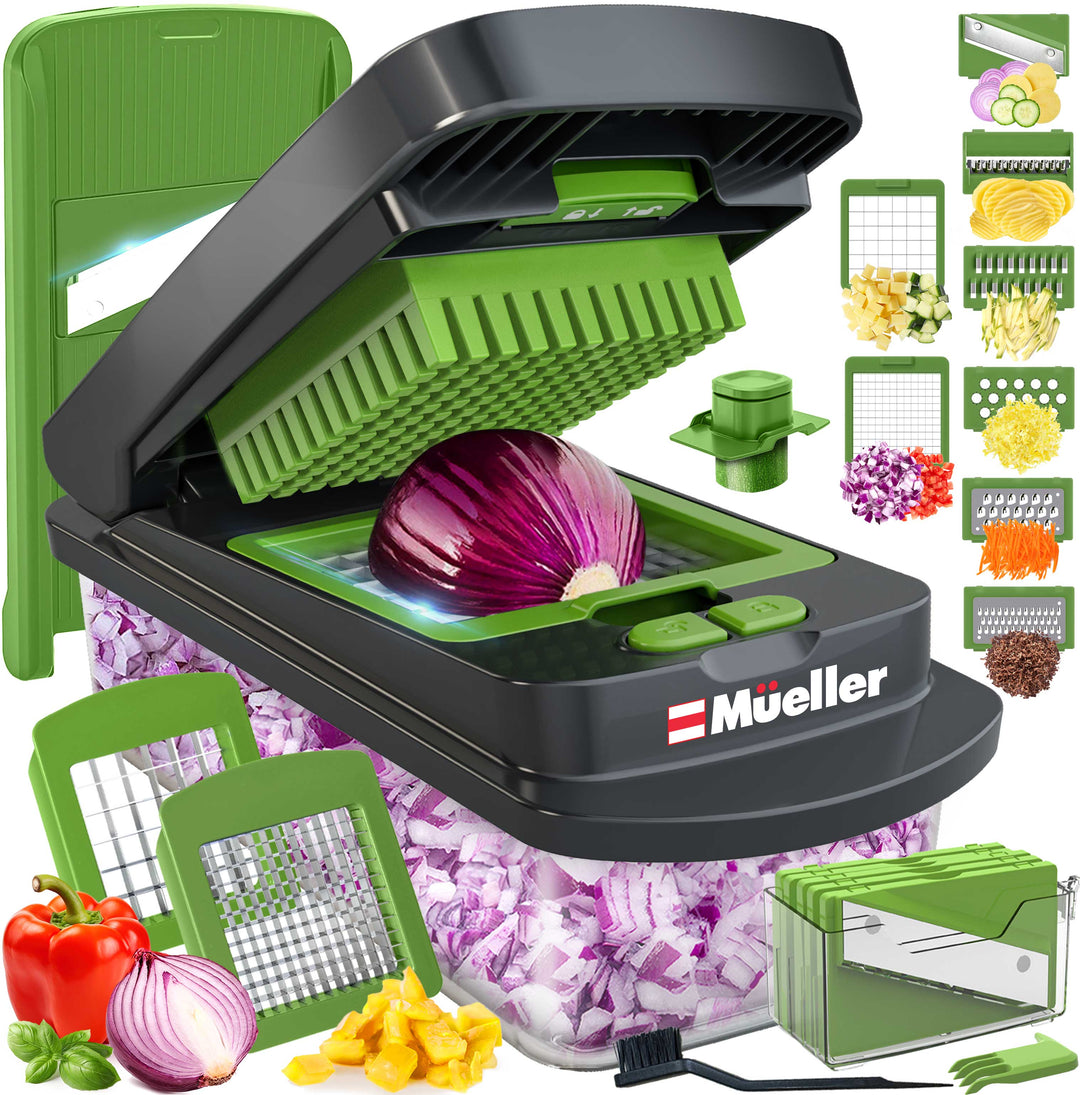 Mueller_8_Blade_Vegetable_Chopper_green/gray with accessories and veggies chooped