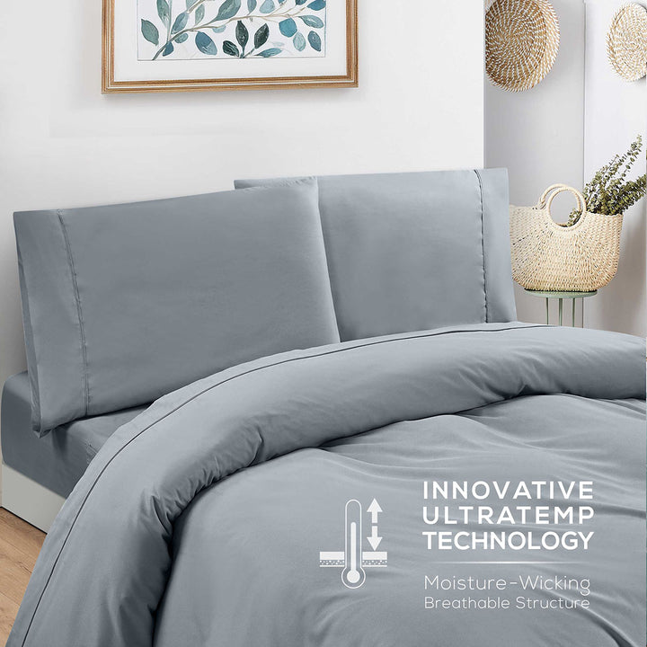 Mueller Bedding-bed-sheets-Twin-light-gray with 'Innovative Ultratemp Technology' label in a bedroom setting.