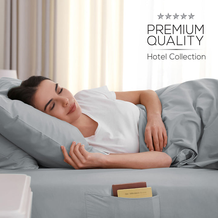Woman lying on a bed with gray bedding, surrounded by five-star rating text.