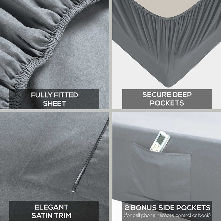 Mueller Bedding-bed-sheets-Twin-light-gray fitted sheet with features labeled on a gray background