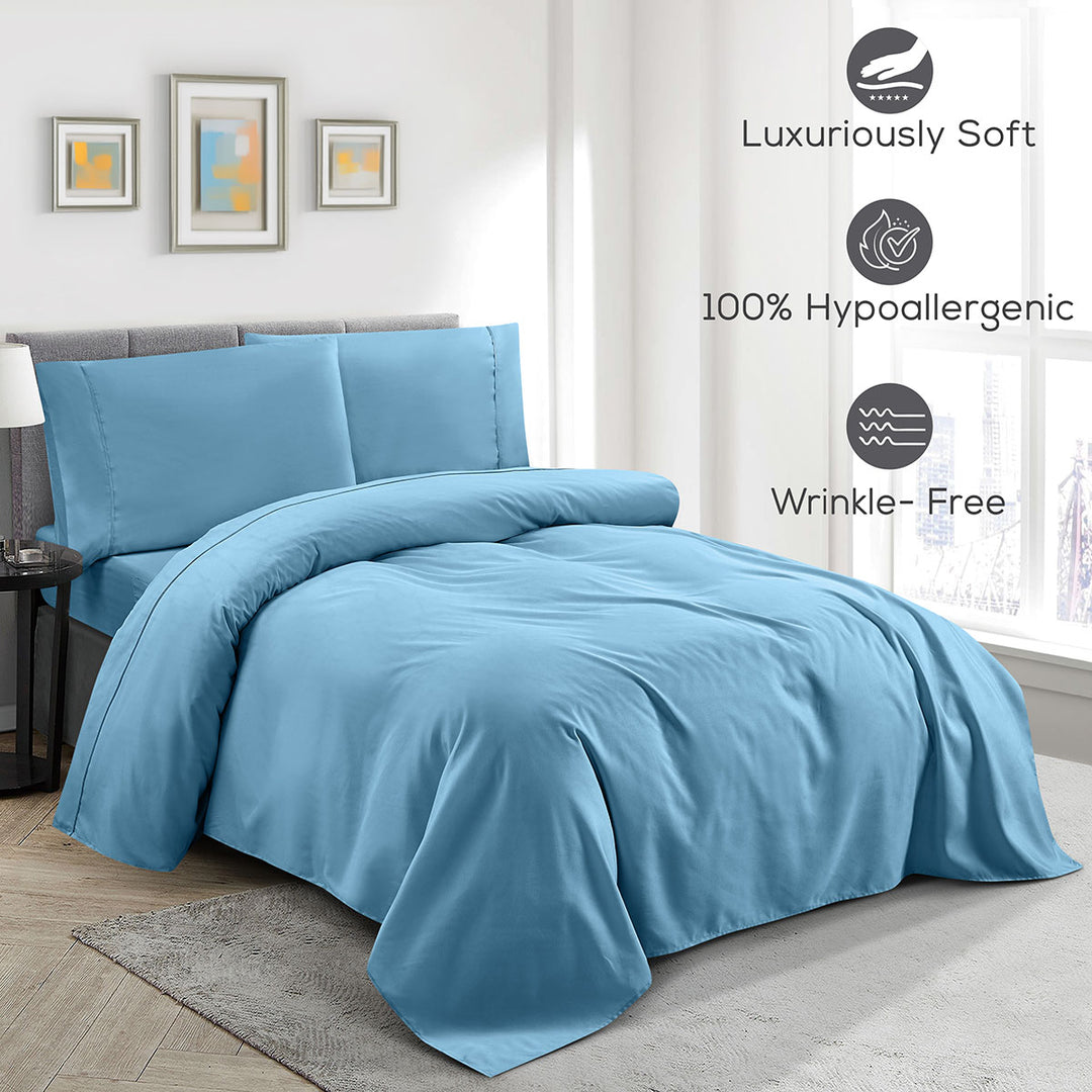 Mueller Bedding-bed-sheets-Twin denim on a bed in a bedroom with features highlighted.